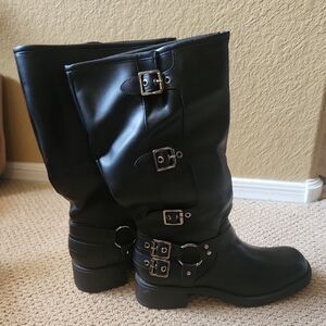 Stylish Women's Black Buckle Wide Calf Motorcycle Riding Combat Boots, 10